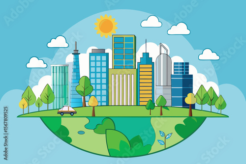 Beautiful city skyline with green trees and a bright sun, perfect for showcasing ecology and sustainability in modern urban design.