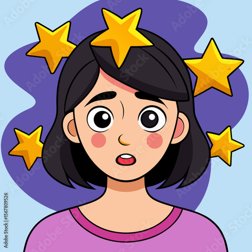 Cartoon woman surrounded by golden stars, a graphic depicting shock or confusion in a stylized, scalable format.