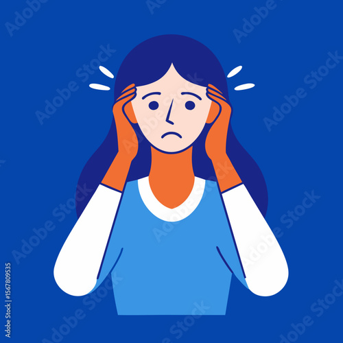 Woman experiencing head pain, a design showing stress, headache, or anxiety with a hand on her forehead in a stylized, modern graphic.