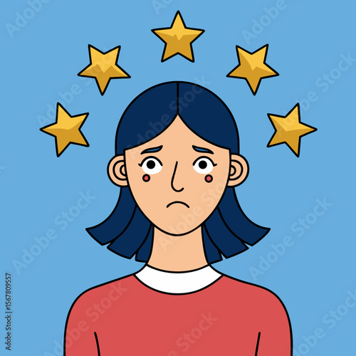Depressed girl with stars around her head showcases negative emotions for designs related to mental health or emotional well-being.