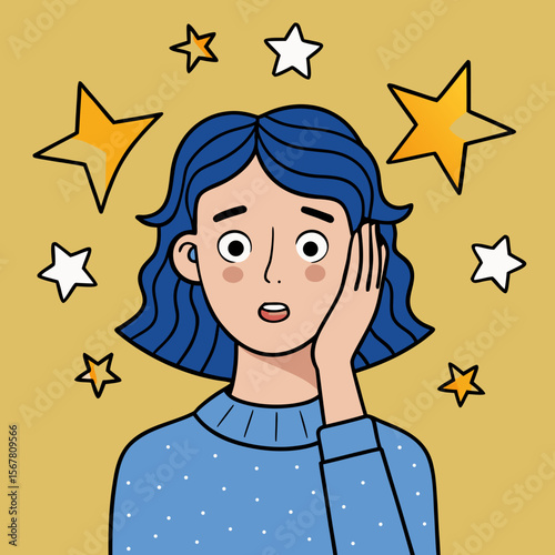 Girl overwhelmed surrounded by stars portrays stress, shock, or disbelief in an eye-catching and modern graphic art style.