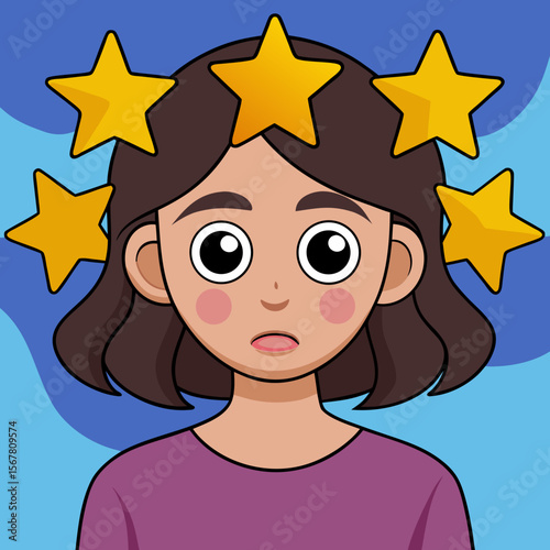 Girl with golden stars cartoon design portrays surprise, ideal for branding related to positive feedback or exceptional achievement.