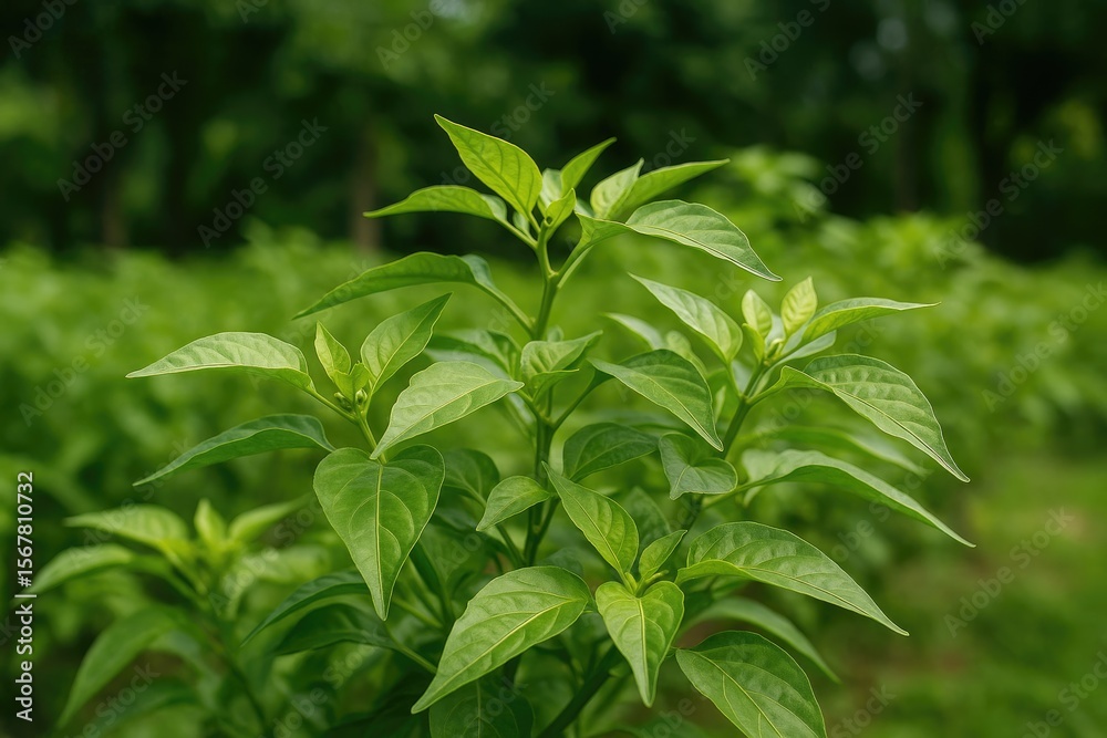 Side view of white chili leaves growing in a garden setting Side view of white chili leaves growing in a garden setting