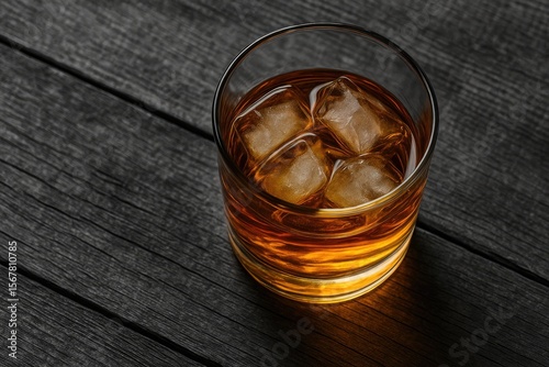 Top-down view of whiskey with ice on a wooden surface in a monochrome setting