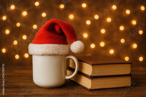 A cozy scene featuring a white mug and holiday hat beside books with fairy lights in the background
