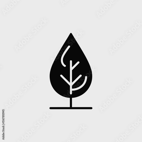 Black teardrop shaped leaf icon with stylized branching veins on a small black base against a light gray background simple minimalist nature symbol design element