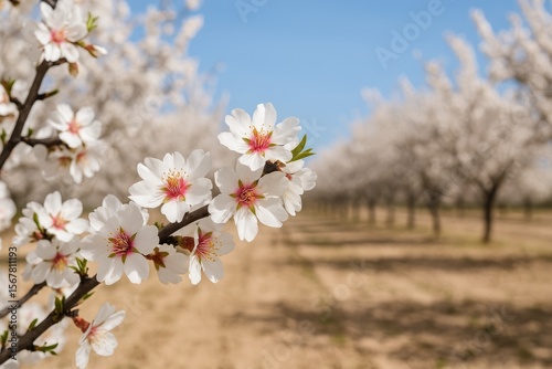 Blossoming white almond trees during springtime in expansive fields