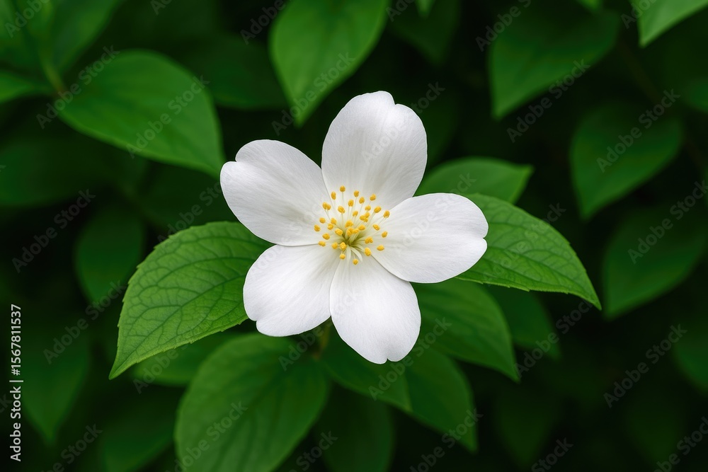 Pure white blossom set against lush green foliage Pure white blossom set against lush green foliage
