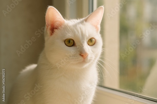 Sunlit white feline by the windowpane