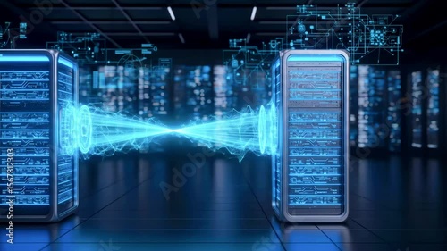 Futuristic data center with two servers connected by a glowing energy beam amidst digital graphics