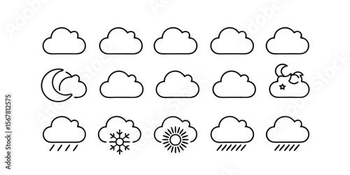 Weather icons collection featuring clouds moon sun snowflake and rain vector