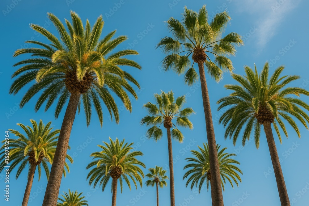 Fototapeta premium A sunny day captured from a low perspective showing tall palm trees