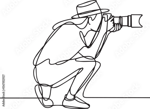  continuous line drawing of a photographer in crouching pose holding DSLR camera with telephoto lens in black and white style