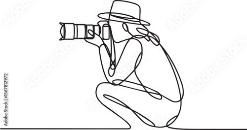  continuous line drawing of a photographer in crouching pose holding DSLR camera with telephoto lens in black and white style