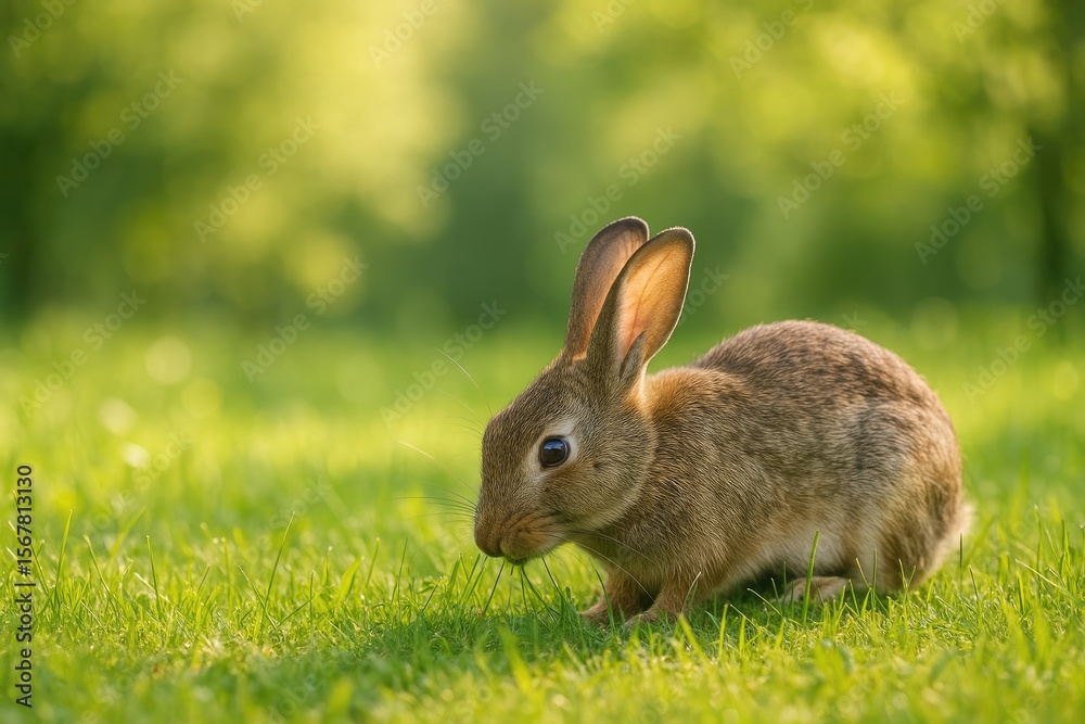 Fototapeta premium Wild rabbit grazing in a lush forest clearing
