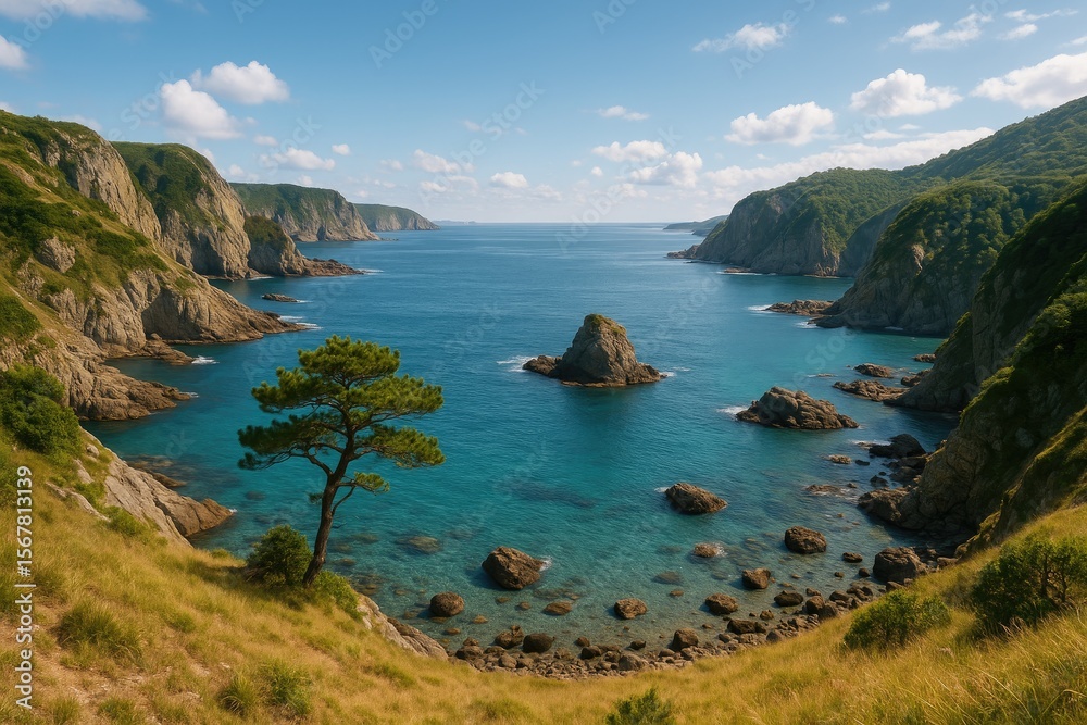 Fototapeta premium A stunning panorama of coastal cliffs, inlets, and rocky formations
