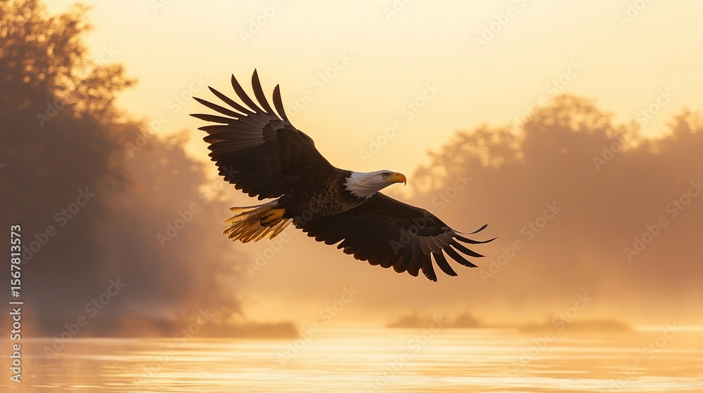 Fototapeta premium Majestic eagle in flight at sunrise over misty water