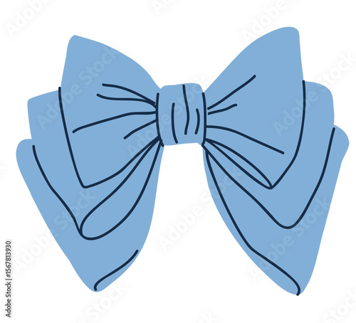Decorative blue hair bow isolated on white. 1 September holiday for schoolgirl hairstyle accessory decoration element. Anime, manga style drawing. Vector flat stock illustration. Hand drawn. Not AI.