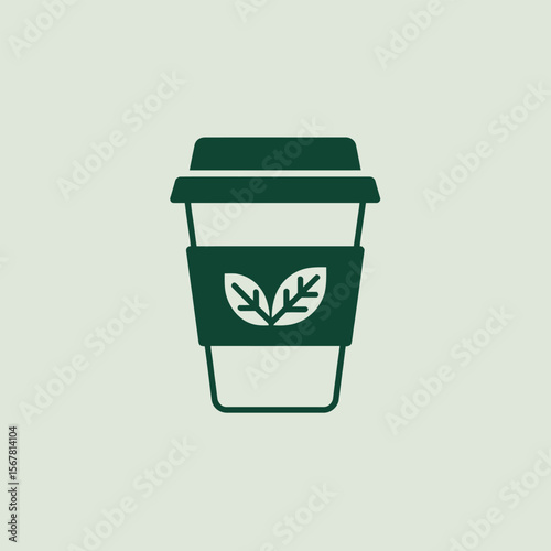 Dark Green Disposable Coffee Cup Icon with Two Green Leaves Eco Friendly Tea Beverage Symbol Simple Minimalist Design Graphic