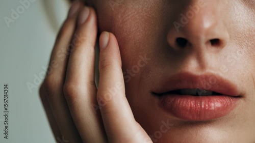 Close-up of a person's face showing natural beauty and expression with a soft focus on lips and hand
