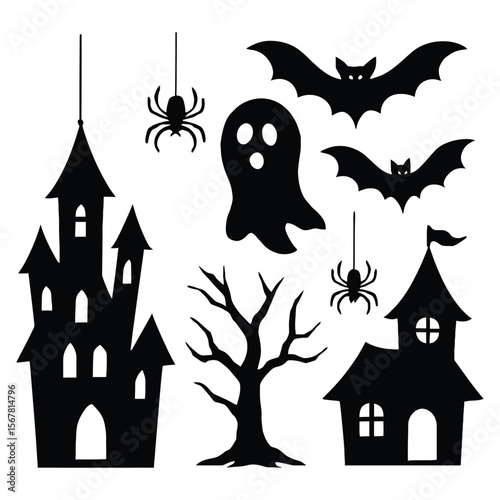 Halloween haunted houses bats ghost spiders tree vector