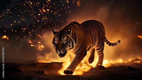 Majestic tiger walks through flames at night in a breathtaking display of nature's power