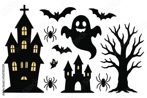 Halloween haunted house bats ghost tree spiders vector
