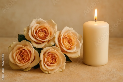 Fototapeta Naklejka Na Ścianę i Meble -  Elegant beige roses accompanied by a glowing candle