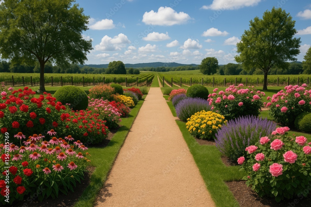 Fototapeta premium A lush garden nestled within a vineyard landscape