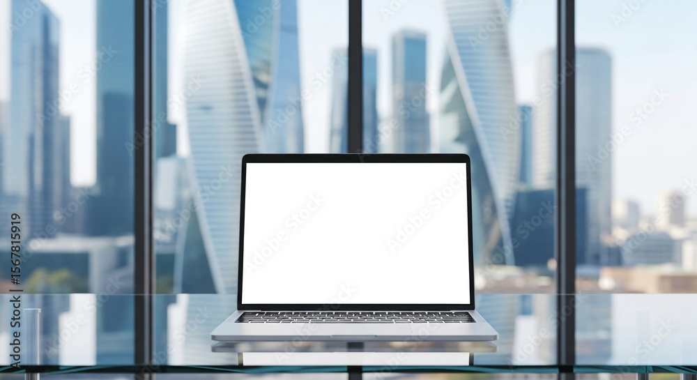 Fototapeta premium Modern Laptop with Empty Display in Office with Urban Skyscraper View