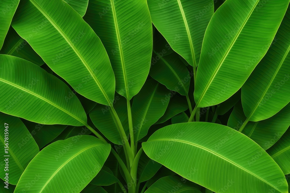 Naklejka premium Lush green backdrop featuring vibrant banana foliage