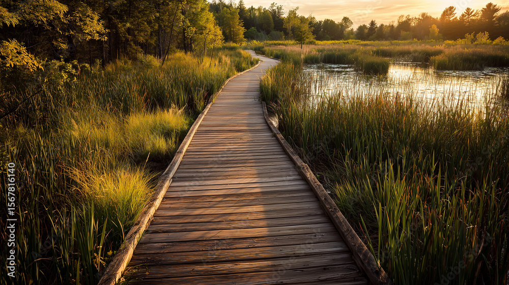 Obraz premium Boardwalk through a summer marsh at golden hour
