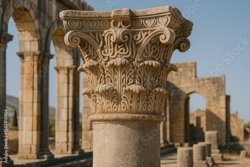 Elaborately sculpted top of a column in historic archaeological site photo