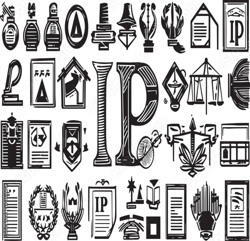 A collection of black and white intellectual property related icons and symbols in a pattern