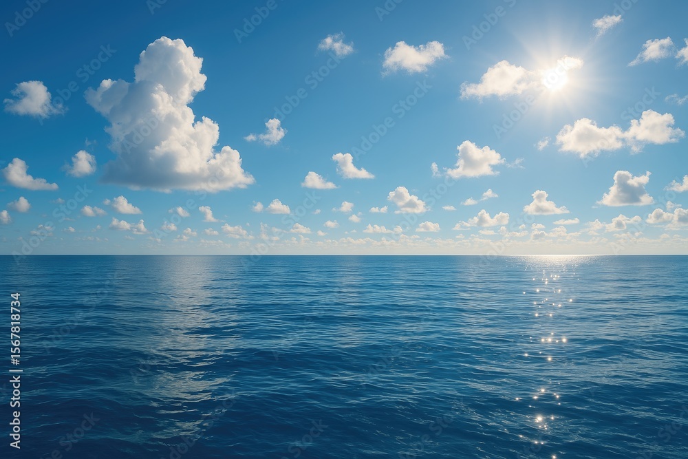 Fototapeta premium Stunning sunny and overcast sky over tranquil sea surface