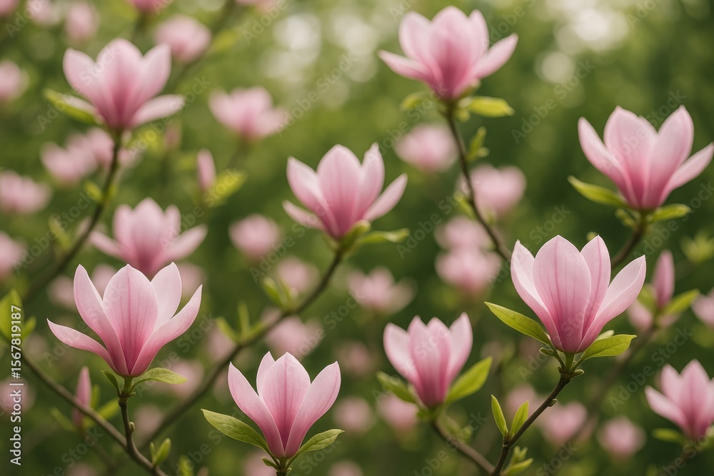 Obraz premium Springtime display of blooming magnolias in the botanical garden