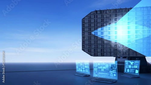Futuristic data center with holographic display projecting information over multiple screens