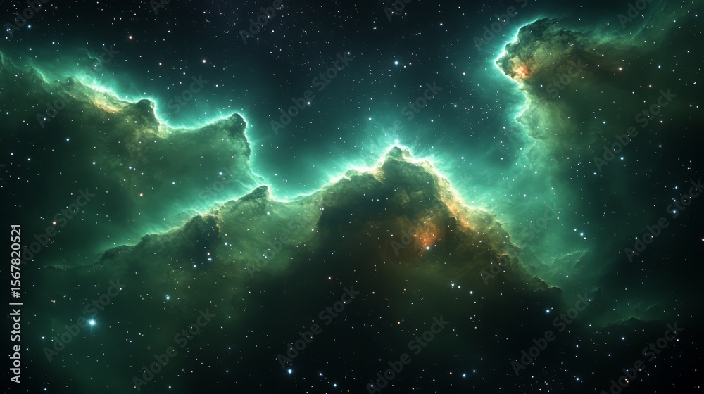 Fototapeta premium Nebula's Emerald Embrace: A mesmerizing cosmic panorama, where celestial clouds of vibrant green and golden hues dance against a backdrop of twinkling stars.