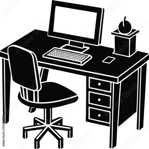 Modern office desk with computer and workspace elements for business