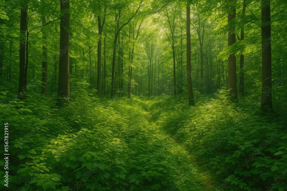 Obraz premium Lush foliage in a vibrant summer woodland