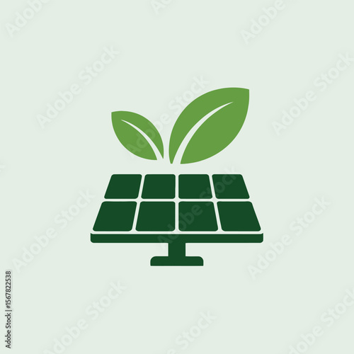 Green Leaf Icon Above Dark Green Solar Panel Illustration Renewable Energy Sustainable Power Clean Energy Eco Friendly Technology Graphic Design Element