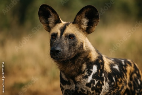 A vigilant African wild dog, also known as the painted or Cape hunting dog