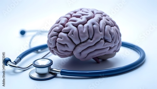 A brain with stethoscope isolated on white background, neuro care concepts