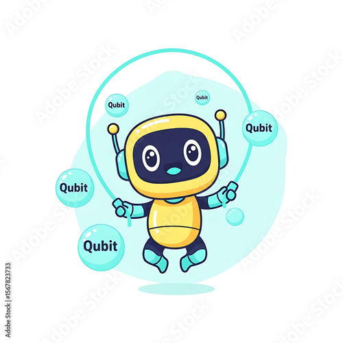 Cute Cartoon Robot Playing with Qubits, Quantum Computing Concept