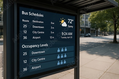 Digital bus schedule display in city street.