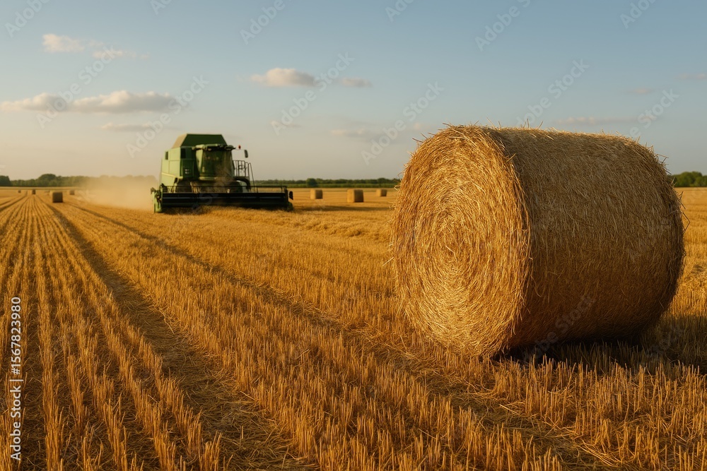 Obraz premium Harvesting cereals in a farmland with a straw stack