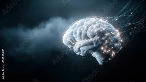 Floating brain with network light wires glowing