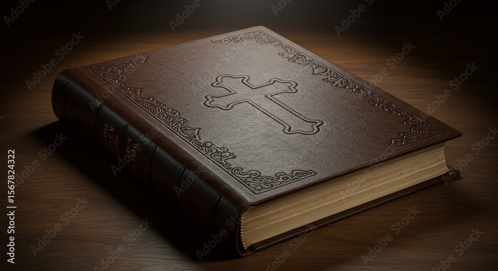 Fototapeta premium Embossed Leather Bible with Cross on Dark Wood Surface in Soft Light