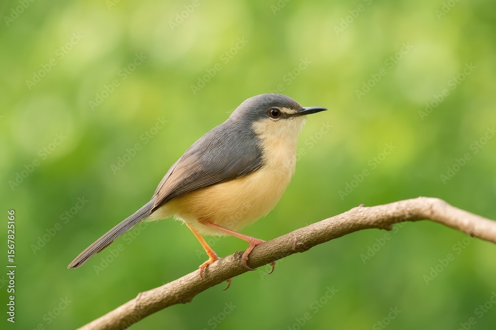 Obraz premium Delicate Ashy Prinia perched on a branch, featuring a charming bird wall decor with a festive background for holiday greetings.