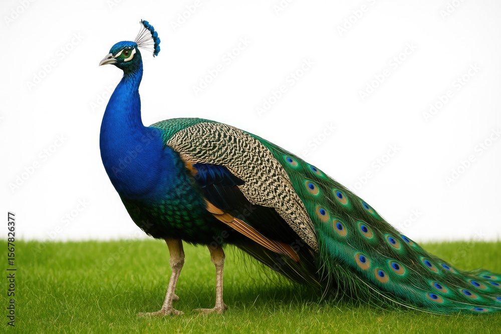 Fototapeta premium Elegant peacock perched on lush greenery